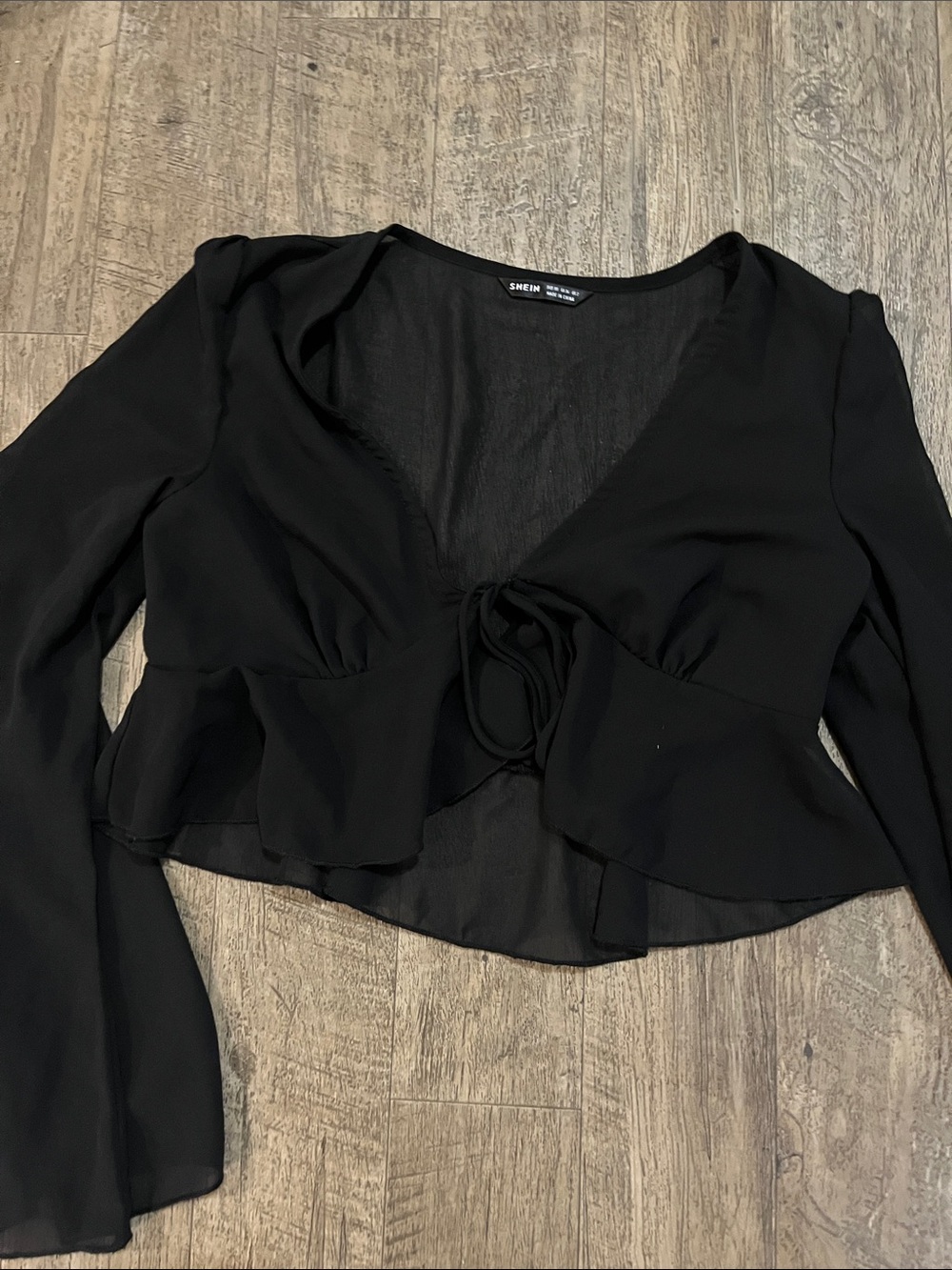 SHEIN Black Tie-Front Ruffle Long-Sleeve Top